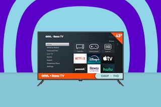 43" onn. Smart TV on blue and purple background