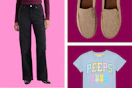 women's black jeans, men's slippers, and Peep toddler shirt