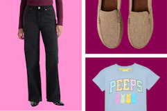 women's black jeans, men's slippers, and Peep toddler shirt