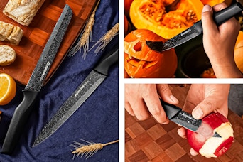 3 lifestyle images of the Asterbook Kitchen Knife Set being used to carve pumpkin and peel apples
