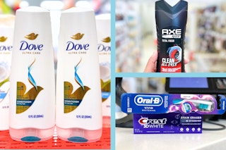 collage with axe, dove, crest, and oral b products