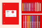 School supplies: notebook, crayons and markers