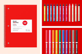 School supplies: notebook, crayons and markers