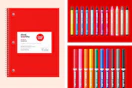 School supplies: notebook, crayons and markers