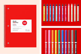 School supplies: notebook, crayons and markers