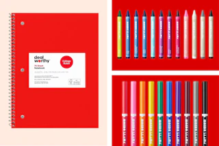 School supplies: notebook, crayons and markers