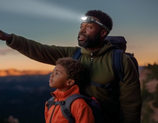 a father wearing a headlamp with his son outside