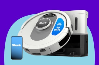 Shark AI Ultra Voice Control Robot Vacuum on a blue background.