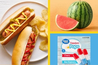 Two hot dogs with chips, a watermelon, and Walmart Great Value freedom freezer pops.