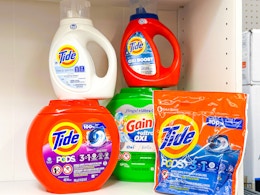 tide and gain laundry detergents on a shelf
