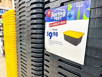 lowes storage totes with springfest sign