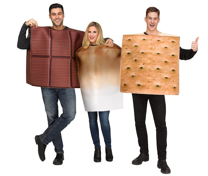 adults dressed as chocolate marshmallow and graham cracker s'mores Halloween costumes