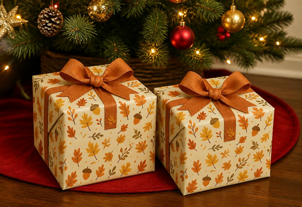 2 fall mystery boxes under a Christmas tree (close up shot)