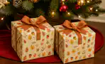 2 fall mystery boxes under a Christmas tree (close up shot)
