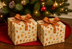 2 fall mystery boxes under a Christmas tree (close up shot)