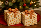 2 fall mystery boxes under a Christmas tree (close up shot)