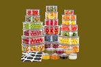 food storage containers on a mustard background