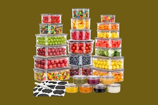 food storage containers on a mustard background