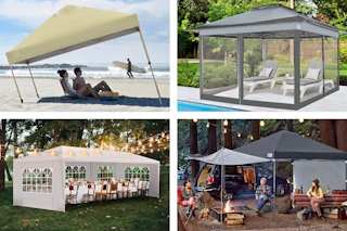 4 different tent styles used in different lifestyle scenarios outdoors 