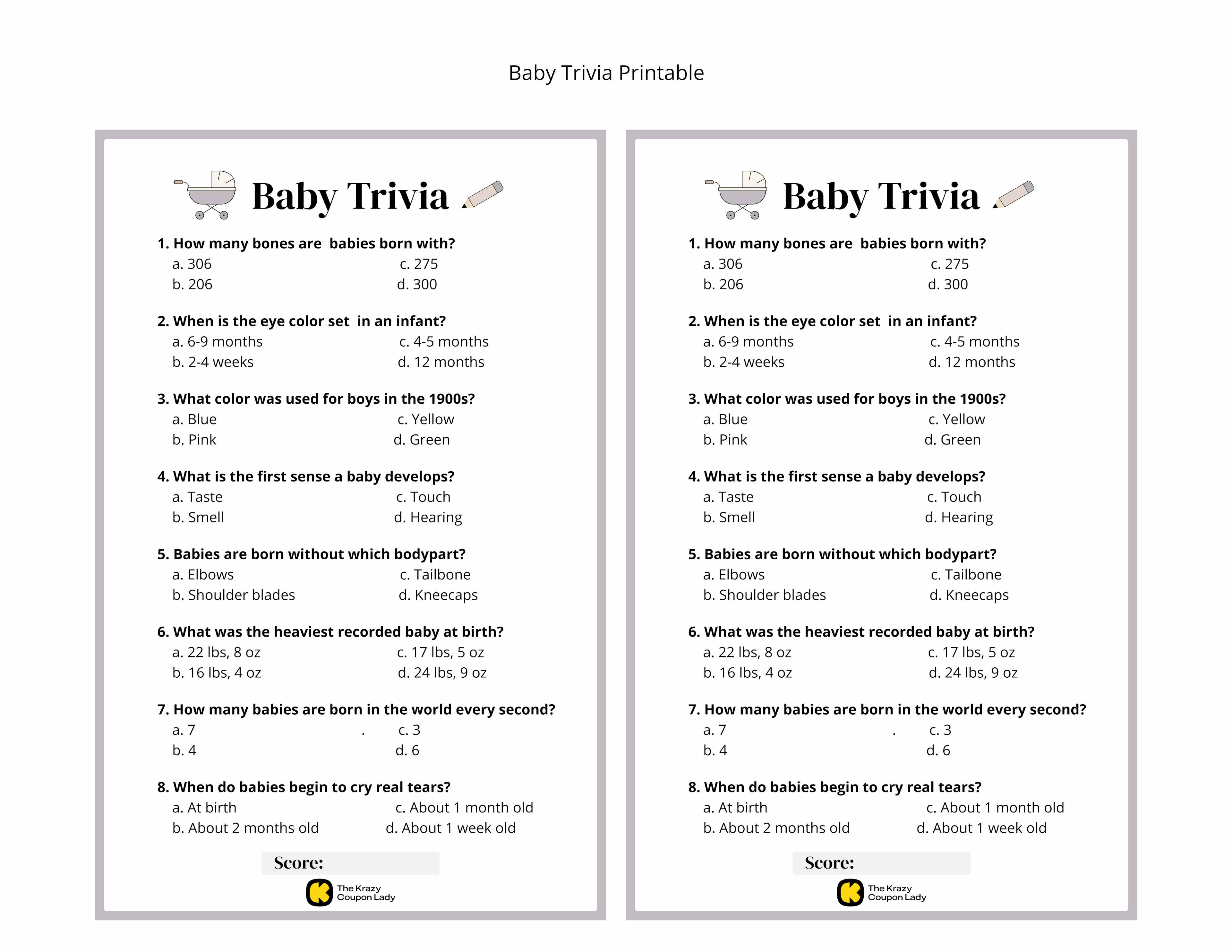 Baby Trivia game for baby shower