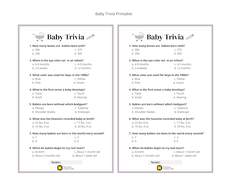 Baby Trivia game for baby shower