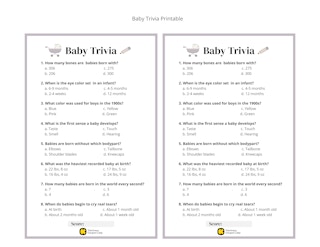 Baby Trivia game for baby shower