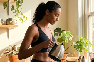a woman making coffee wearing a puma sports bra