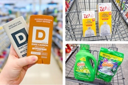 collage image of duke cannon deodorant, gain detergent, and walgreens trash bags