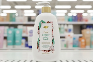 dove holiday hand soap on store shelf with blurred background