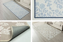 4 lifestyle images of My Texas House washable rugs (in 2 colors)