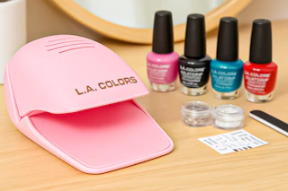 Lifestyle image created by ChatGPT of the LA COLORS Nail Polish Gift Set on a vanity table