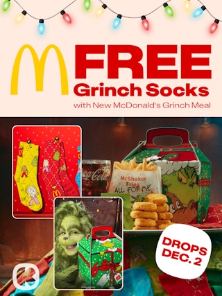 a graphic showing the new mcdonalds grinch meal with pictures of the meal socks and box