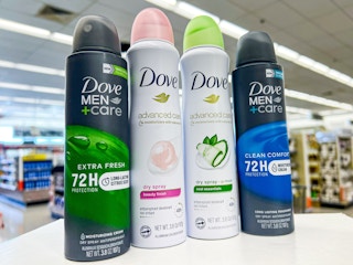 two Dove and two Dove Men+Care dry sprays