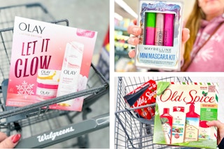 collage image of olay, maybelline, and old spice gift sets