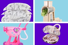 black white floral comforter set, beige rotary grater, minnie mouse cart, and ear buds