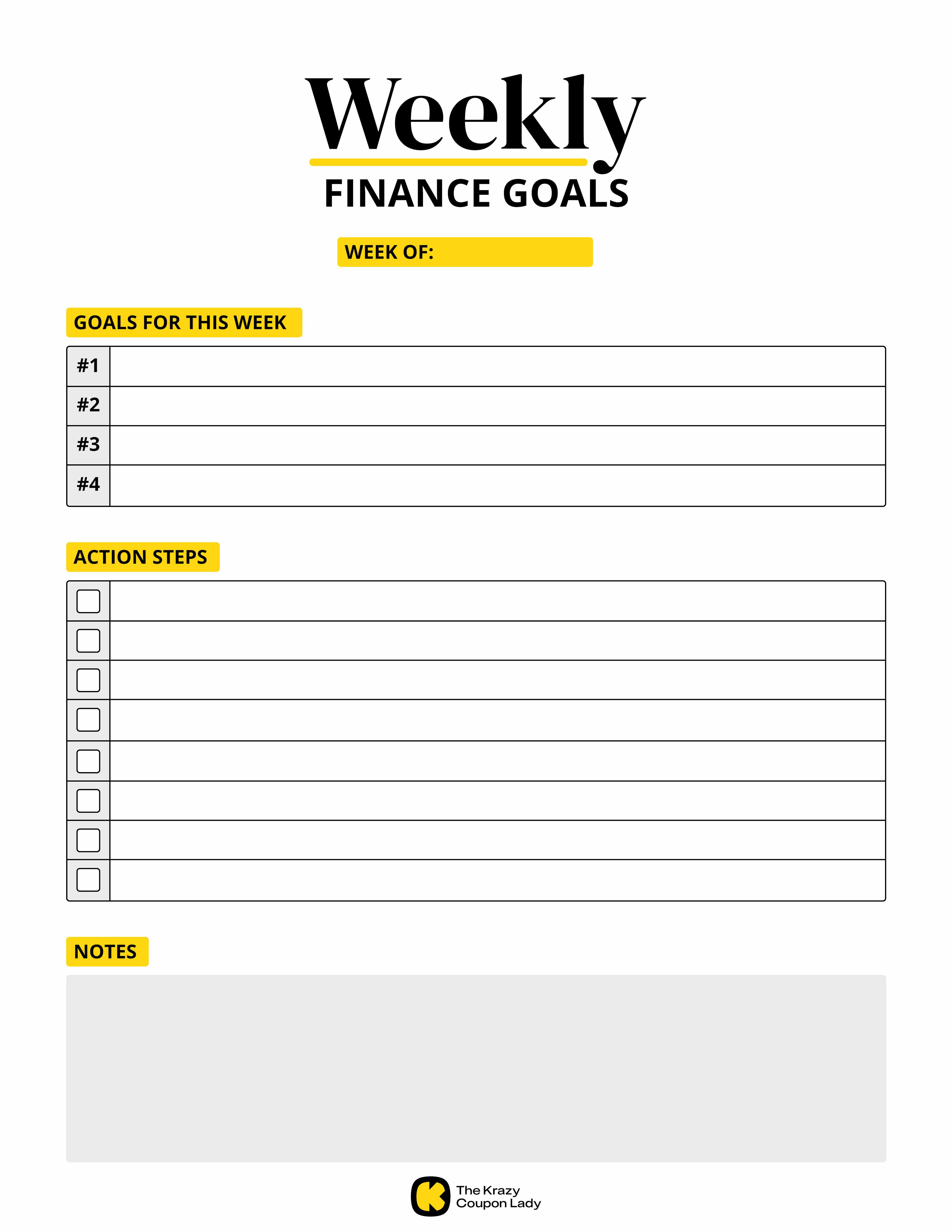 Weekly Finance Goals printable