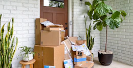 plants and stacks of amazon boxes and packages on front porch