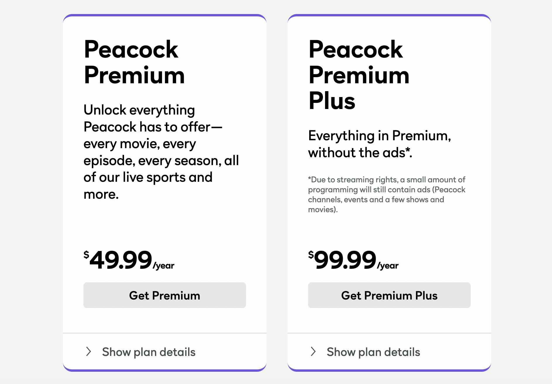 peacock screenshot showing annual plan prices