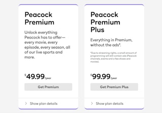 peacock screenshot showing annual plan prices