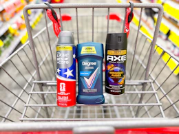 dove and axe deodorants in a cvs shopping cart
