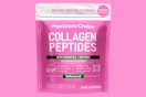 a pink and white bag of collagen powder