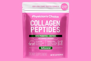 a pink and white bag of collagen powder on a pink background