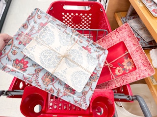 blue and red patterned Threshold platter sets sitting in Target cart