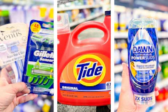 Venus and Gillette razors, Tide detergent, and Dawn PowerSuds soap