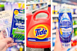 Venus and Gillette razors, Tide detergent, and Dawn PowerSuds soap