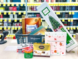 items on a store counter with a walgreens basket