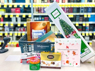 items on a store counter with a walgreens basket