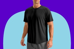 Soothfeel Mens Workout Shirts Quick Dry Athletic Running T-Shirts on a blue background.