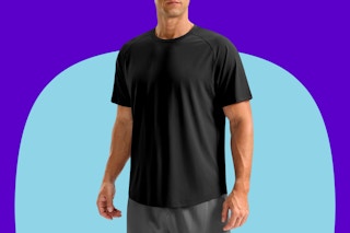 Soothfeel Mens Workout Shirts Quick Dry Athletic Running T-Shirts on a blue background.