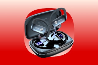 black wrap around ear buds on a red background